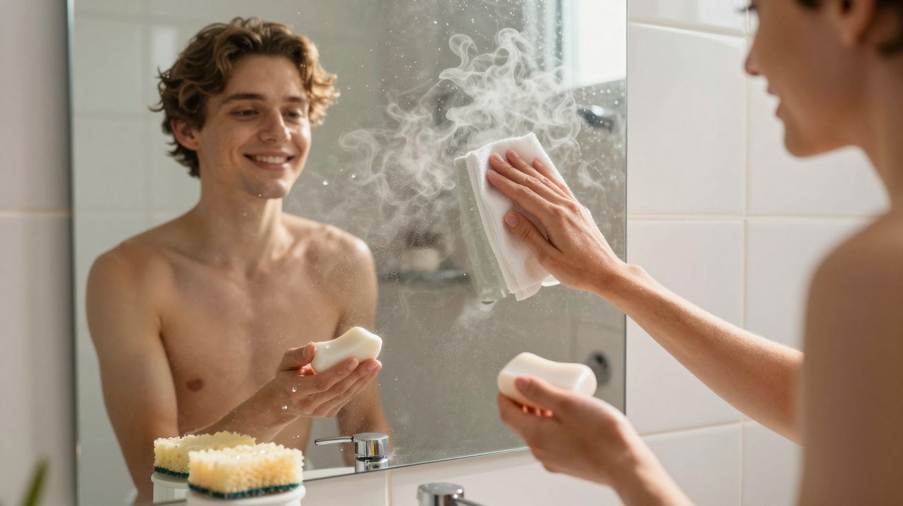Jeune homme souriant nettoyant un miroir embué avec une éponge et un savon dans une salle de bain.