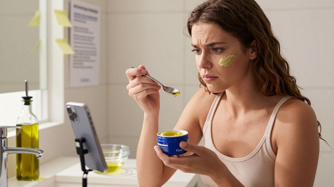 Femme appliquant une crème visage jaune en se filmant avec son smartphone dans une salle de bain lumineuse.