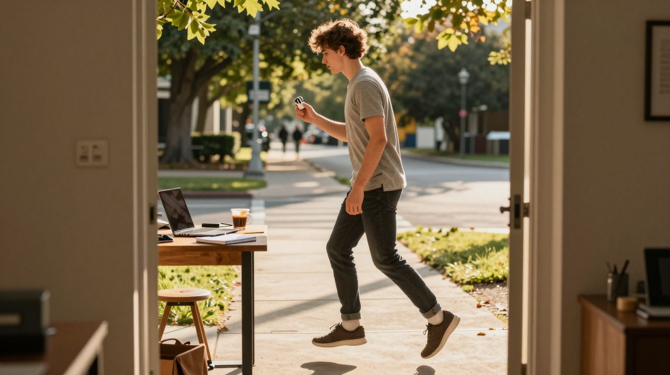 Jeune homme en t-shirt et jean noir marchant vers une table extérieure avec un ordinateur portable et un café.