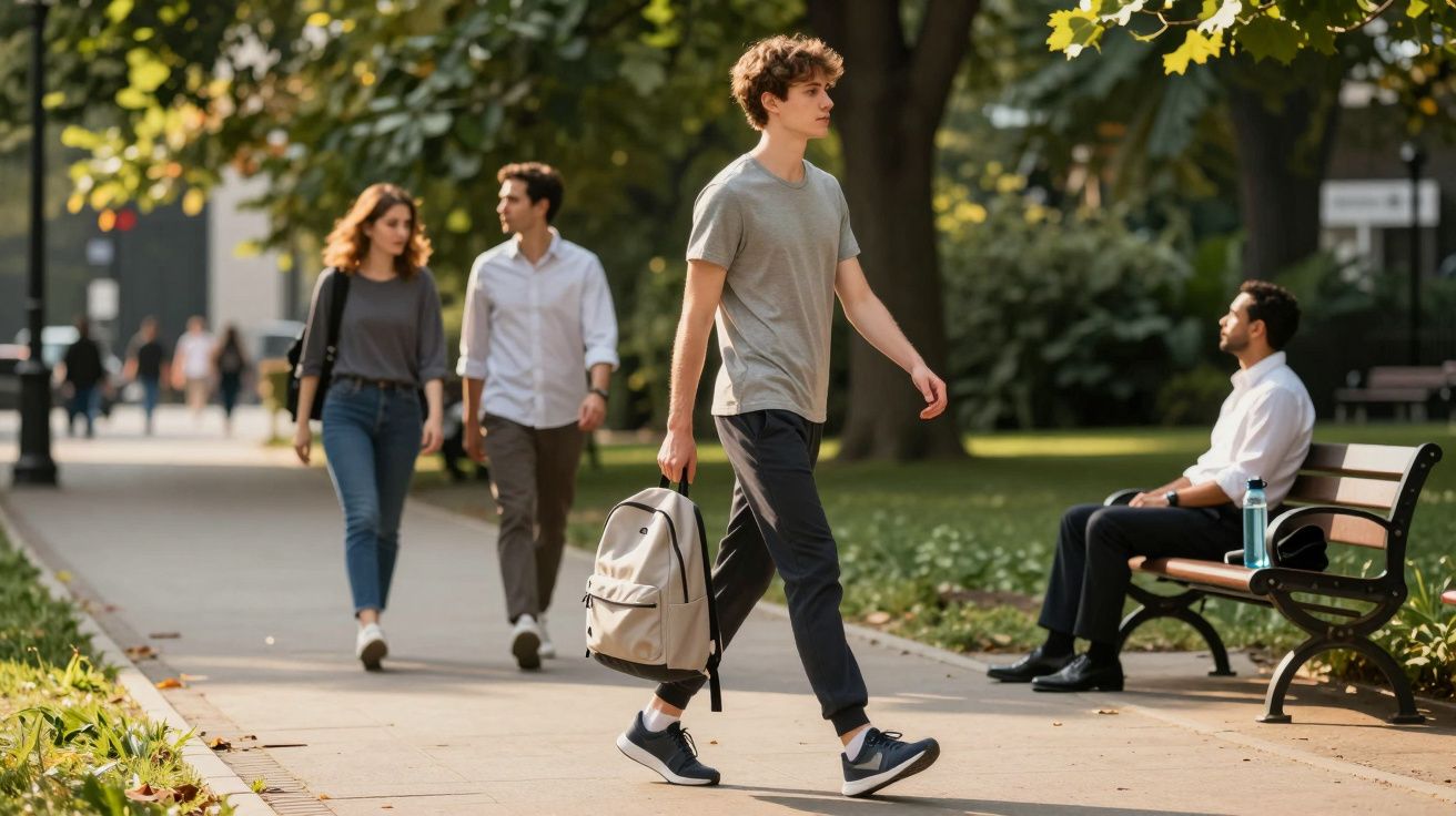 Un jeune homme marche dans un parc avec un sac à dos, d'autres personnes marchent et un homme est assis sur un banc.