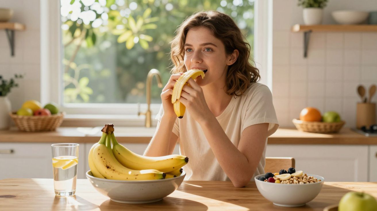 Jeune femme mangeant une banane à table dans une cuisine lumineuse avec un bol de fruits et un verre d'eau.